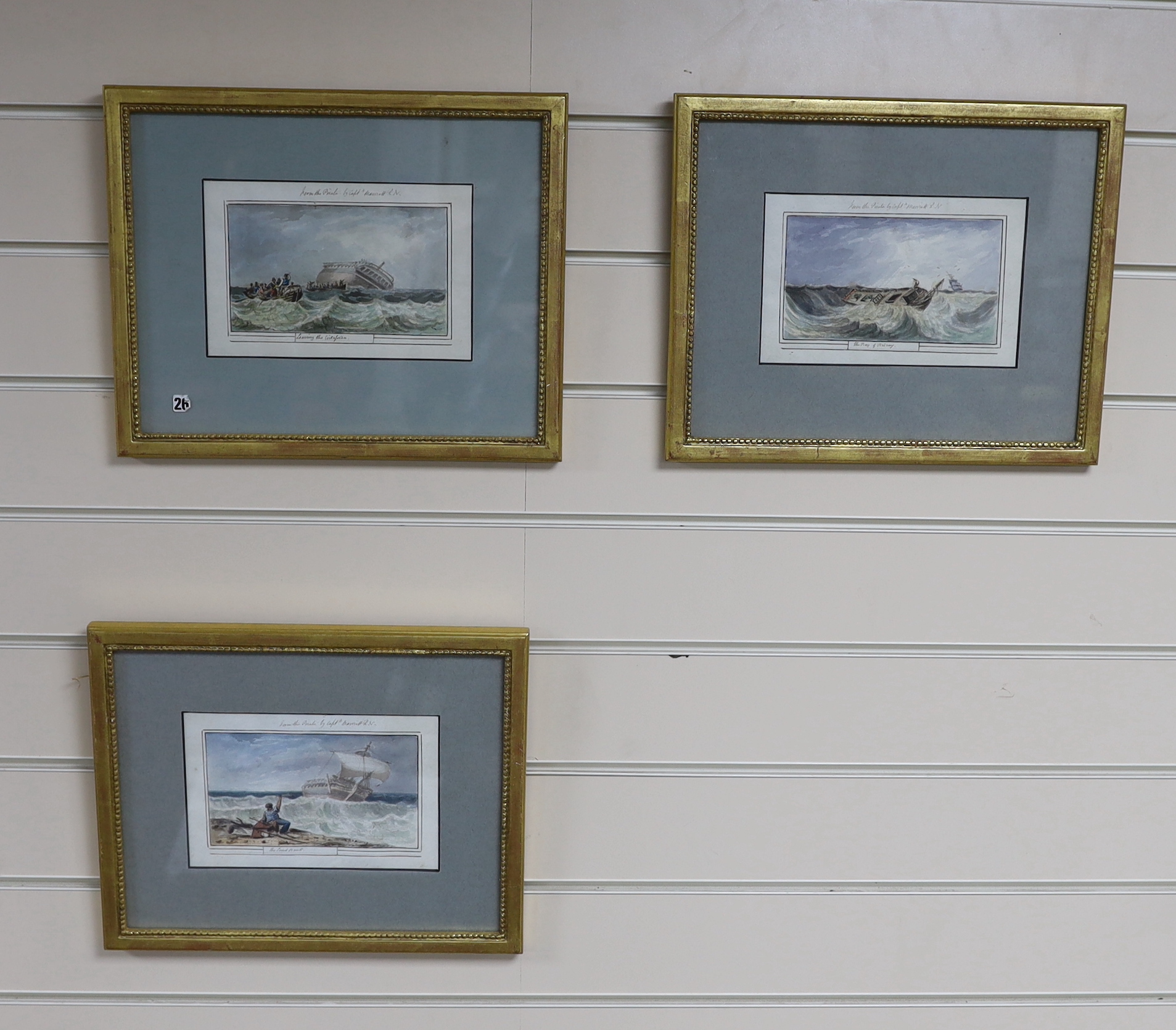 Lieutenant Edward Bampfylde Eagles (19th. C) set of three watercolours comprising, ‘Leaving the Circapian’, ‘The Bay of Biscay’ & ‘The Sand Bank’, each inscribed, 10 x 16cm